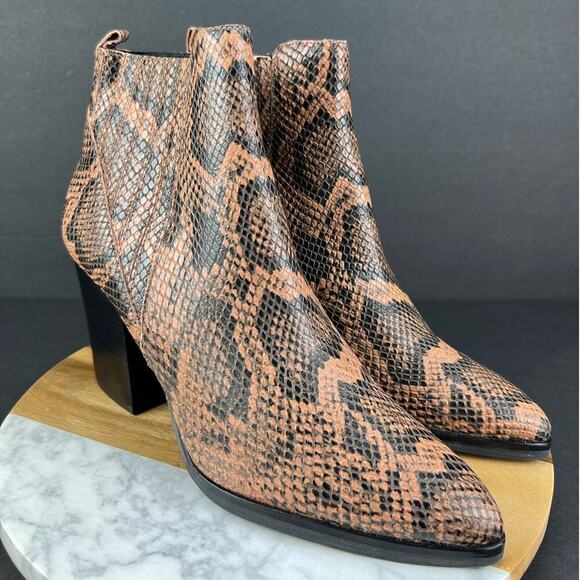 Marc Fisher LTD Alva Leather Snake Block Heel Slip On Bootie Brown/Black Size 10 - Picture 1 of 10